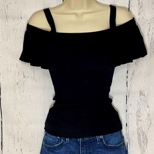 Express black short sleeve off the shoulder ruffle sweater w/ shoulder strap, XS